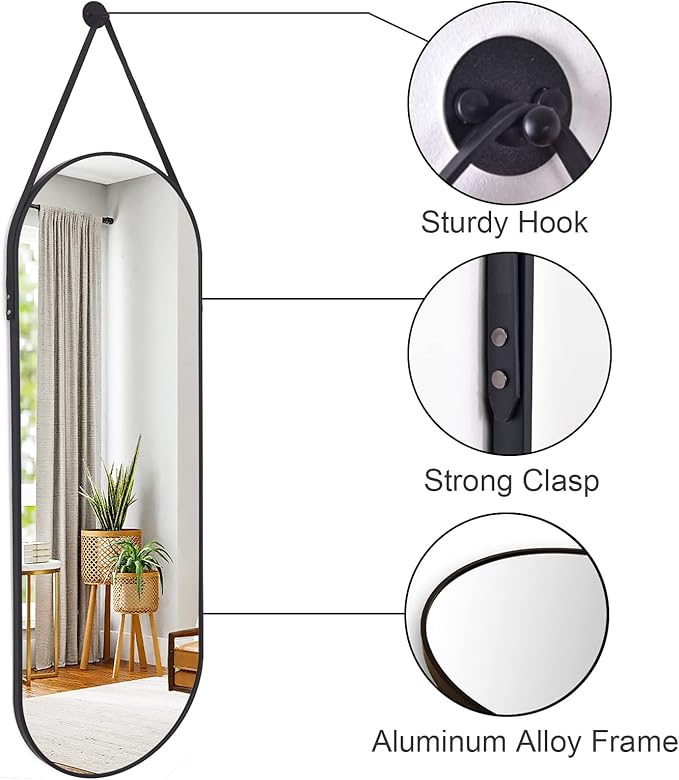 Oval Hanging Mirror with Leather Strap