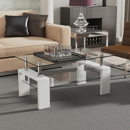 Glass Coffee Table with Storage Shelves