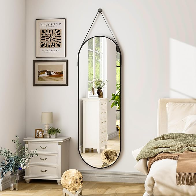 Oval Hanging Mirror with Leather Strap