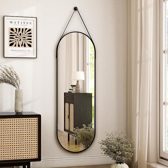 Oval Hanging Mirror with Leather Strap